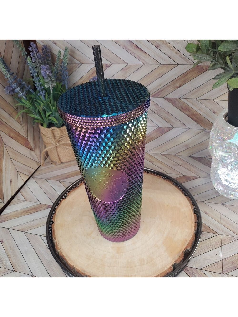 Starbucks Venti Studded Tumbler Black PVD Metallic Oil Slick Rainbow Bling NWT - Picture 4 of 5
